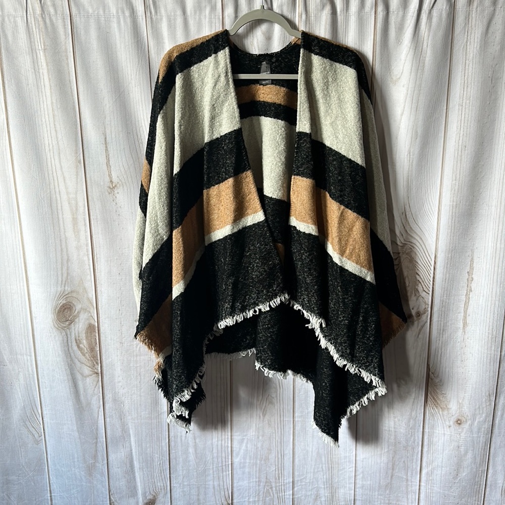 Express Striped Fringe Poncho | OS
